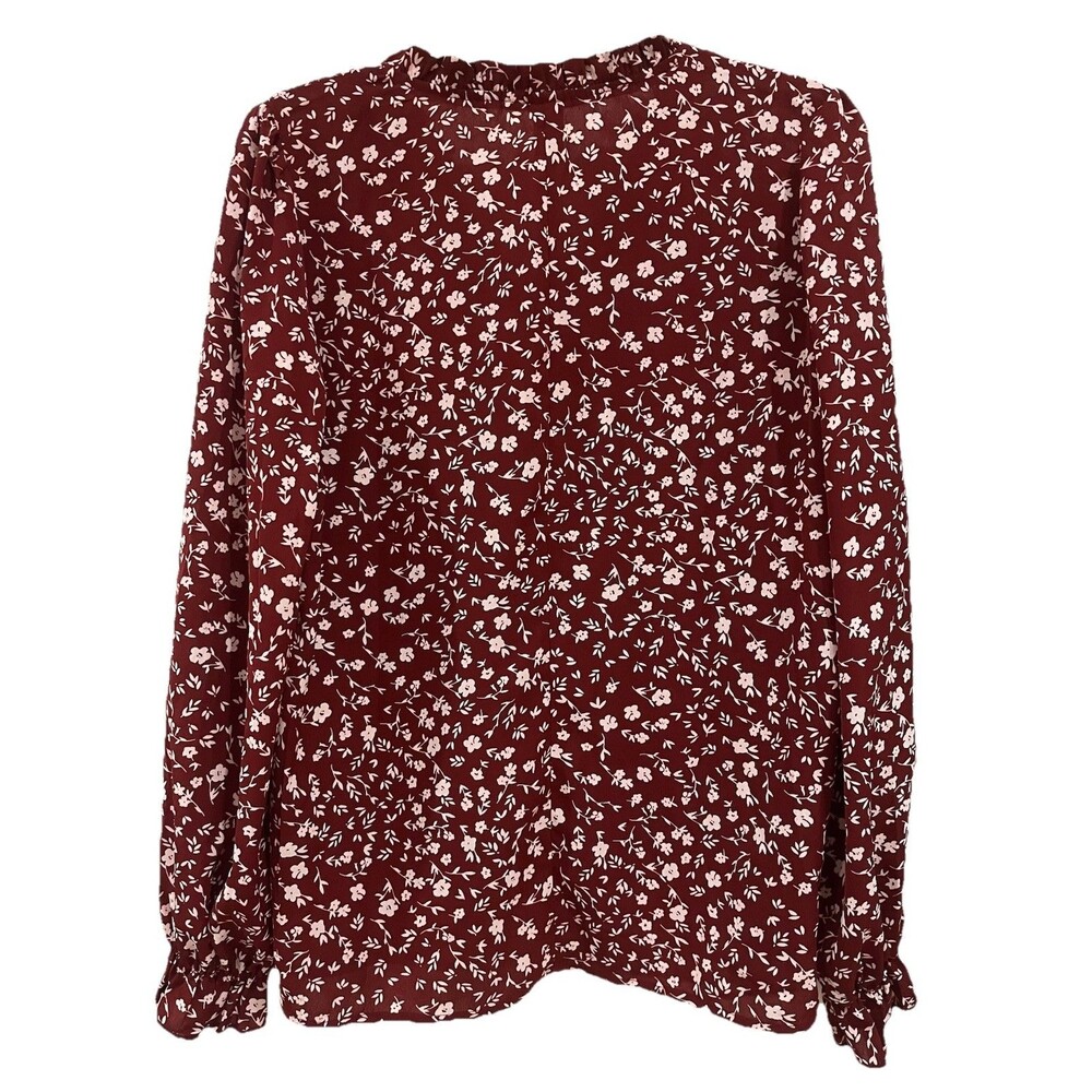 NWOT SHEIN Brick Red Ditsy Floral Long Sleeve Ruffle Blouse Size M - Picture 4 of 9